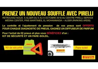 Eurl DMAA/ Pirelli Algérie : Contrôle et ajustement des pneus offert le 5 et 6 Octobre