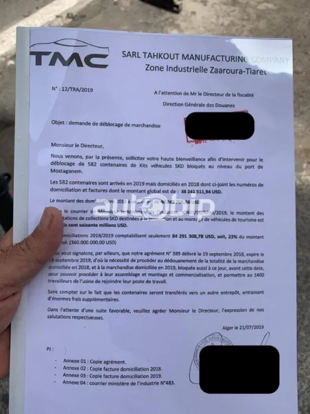 L'usine TMC réclame ses quotas de kit SKD bloqués au port de Mostaganem