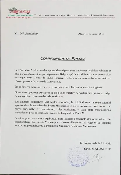 Mise au point de la F.A.S.M sur les Rallyes Touareg et Tinhare
