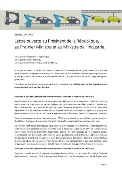 Lettre ouverte des jeunes cadres du secteur automobile de Batna au président Tebboune.