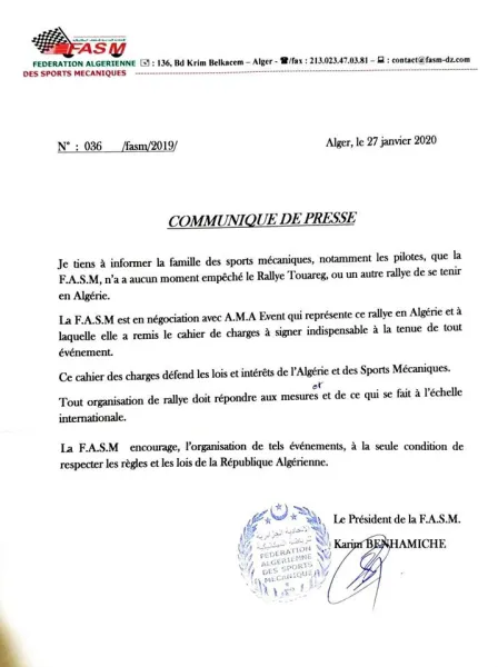 Tuareg Rally 2020 : Les précisions de la FASM
