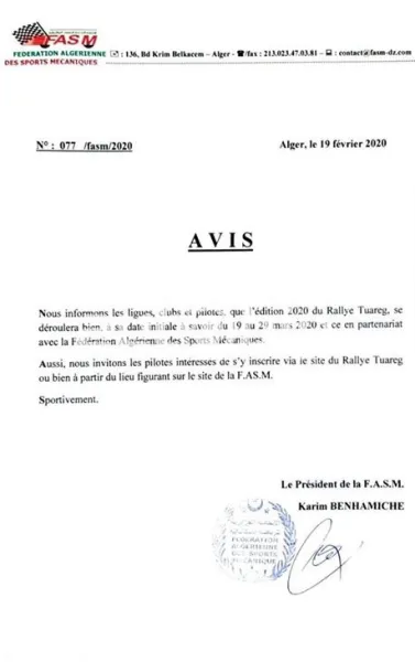 La FASM confirme la tenue du Rally Touareg 2020