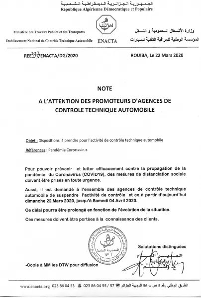 Contrôle Technique Automobile : L’Enacta ordonne la fermeture des agences jusqu’au 4 Avril