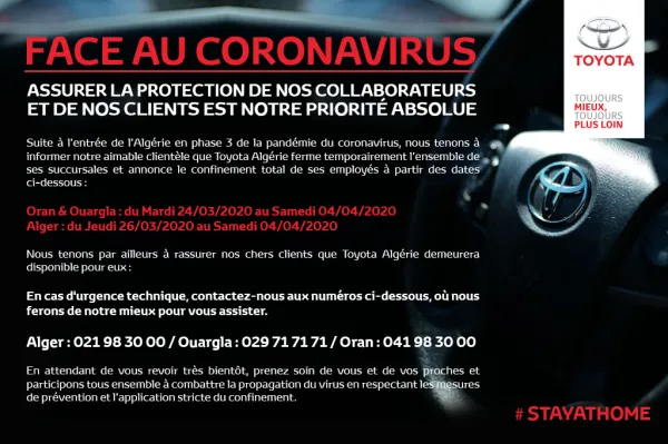 Coronavirus: Toyota Algérie ferme temporairement ses succursales