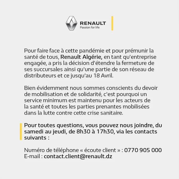 Coronavirus : Renault Algérie prolonge la fermeture de ses succursales jusqu'au 18 Avril