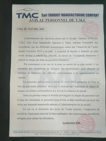 Usine TMC: Un plan social pour réduire les effectifs