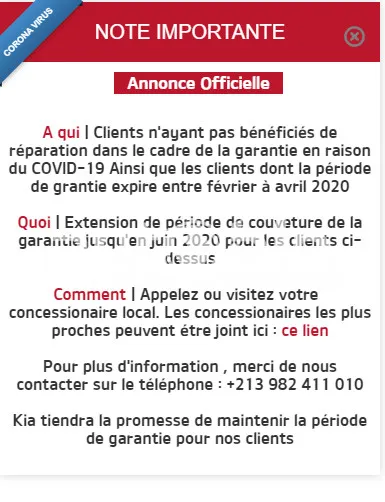 Coronavirus : Kia Al Djazair prolonge sa garantie jusqu&#039;au juin prochain