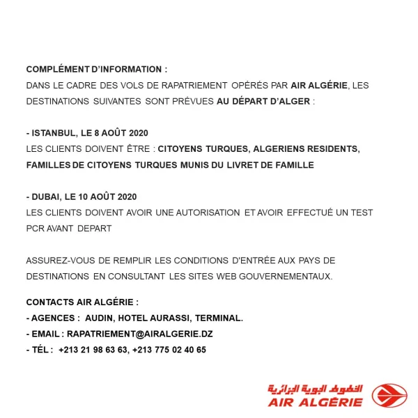 Air Algérie programme des vols de rapatriement vers la France et l’Angleterre