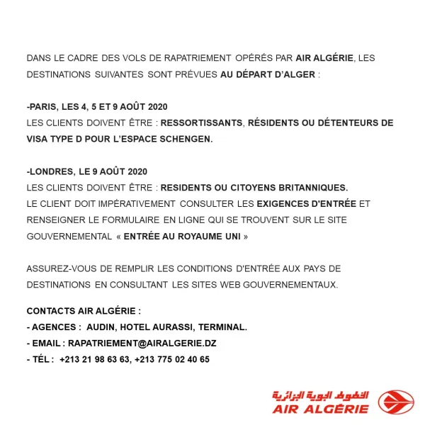 Air Algérie programme des vols de rapatriement vers la France et l’Angleterre
