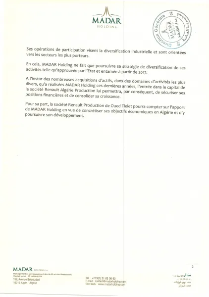 Renault Algérie Production: Madar Holding reprend la part détenue par SNVI