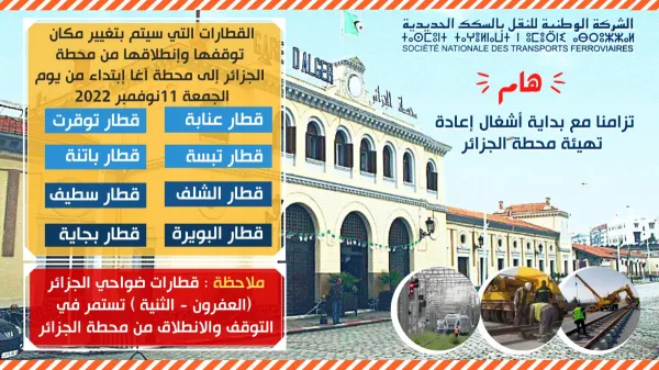 Transport ferroviaire: transfert des points d&#039;arrêt et de départ des trains de la gare d&#039;Alger à celle d&#039;Agha