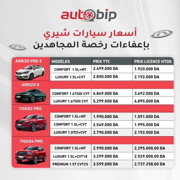 أسعار سيارات شيري بإعفاءات رخصة المجاهدين