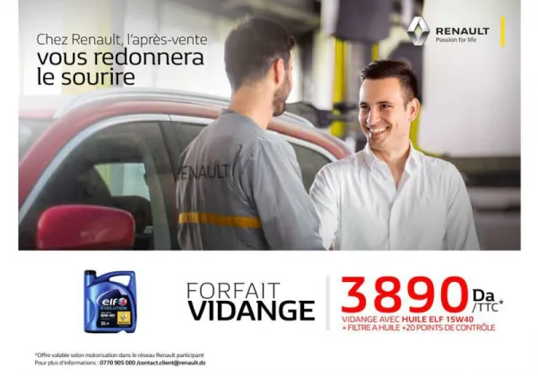 Renault Algérie : Forfait vidange à partir de 3890 da/ TTC