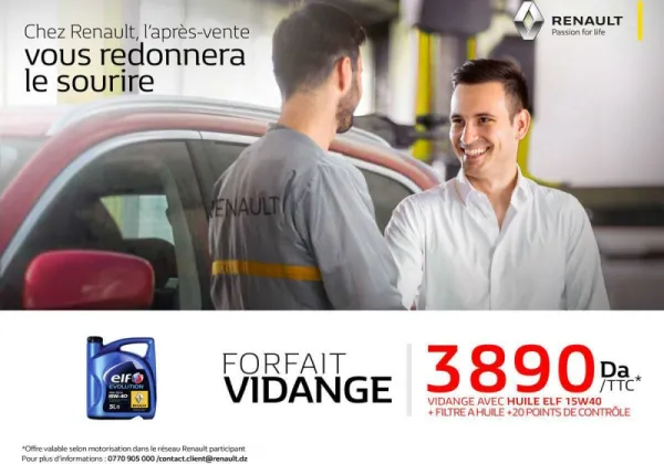 Renault Algérie: Forfait vidange à partir de 3890 da TTC