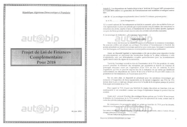 PLFC 2018 (DOCUMENT): Retour de la TVA à 19% sur les véhicules assemblés en Algérie