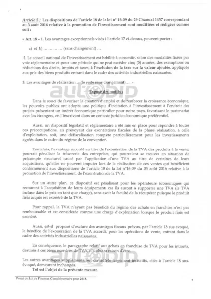 PLFC 2018 (DOCUMENT): Retour de la TVA à 19% sur les véhicules assemblés en Algérie